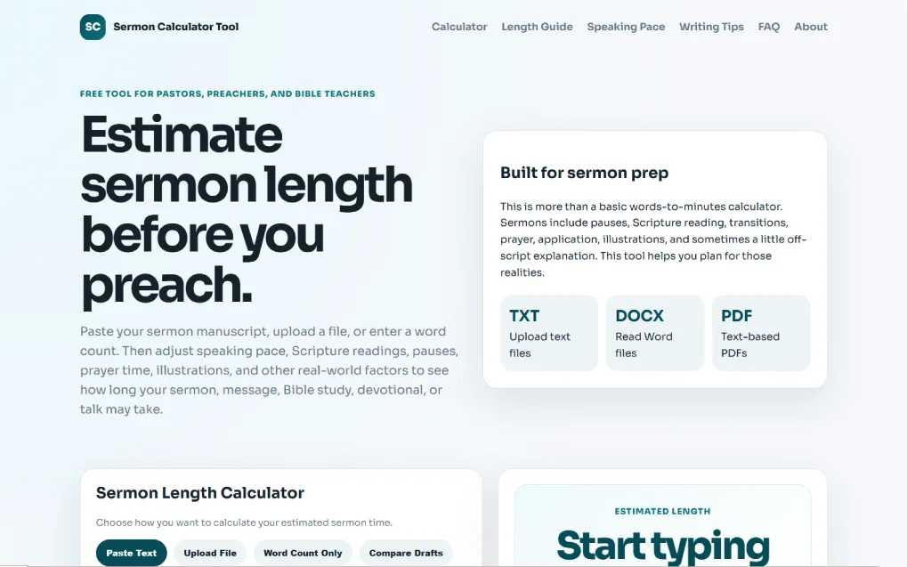 Preview of the Sermon Calculator Tool website